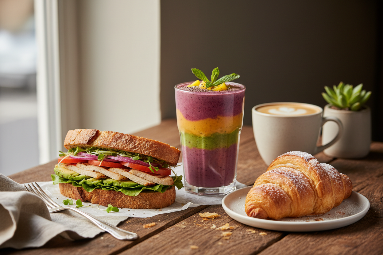 photo of a sandwich, smoothie and criossant in a table