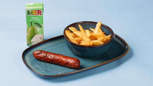 Sausage with fries, juice