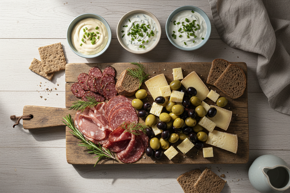 Aioli, Sour cream dressing, Garlic dressing, Olives with cheese, Nordic charcuterie in one place