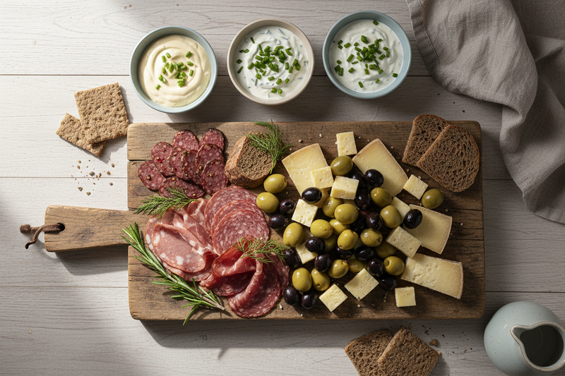Aioli, Sour cream dressing, Garlic dressing, Olives with cheese, Nordic charcuterie in one place