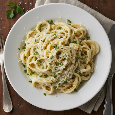 Alfredo pasta from top view and square image