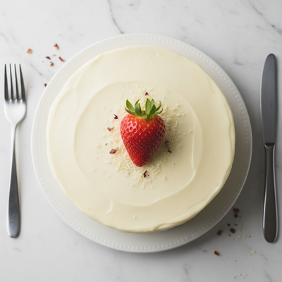 beautiful white chocolate cake with staberry on top, and from top view, and square aspect ratio