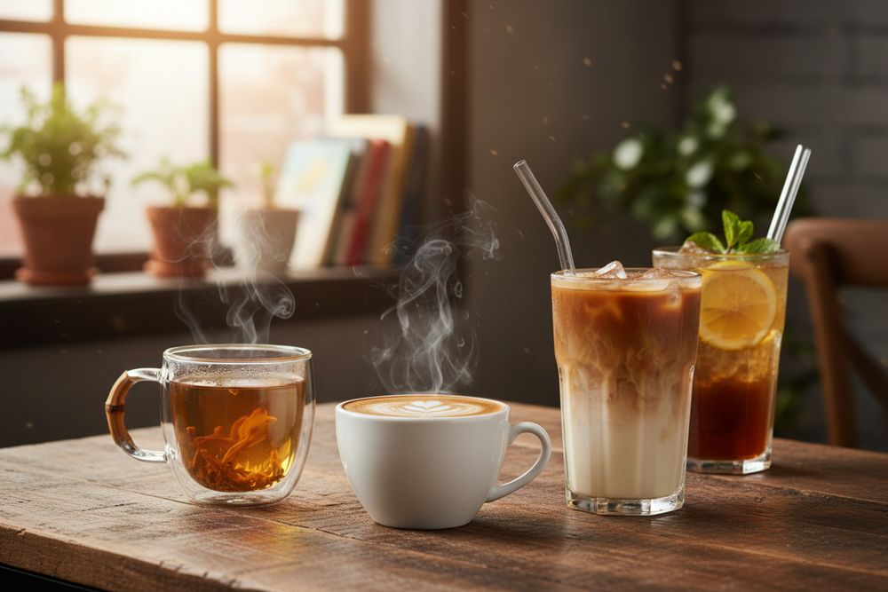 coffee, hot drink, ice drink, tea in one place