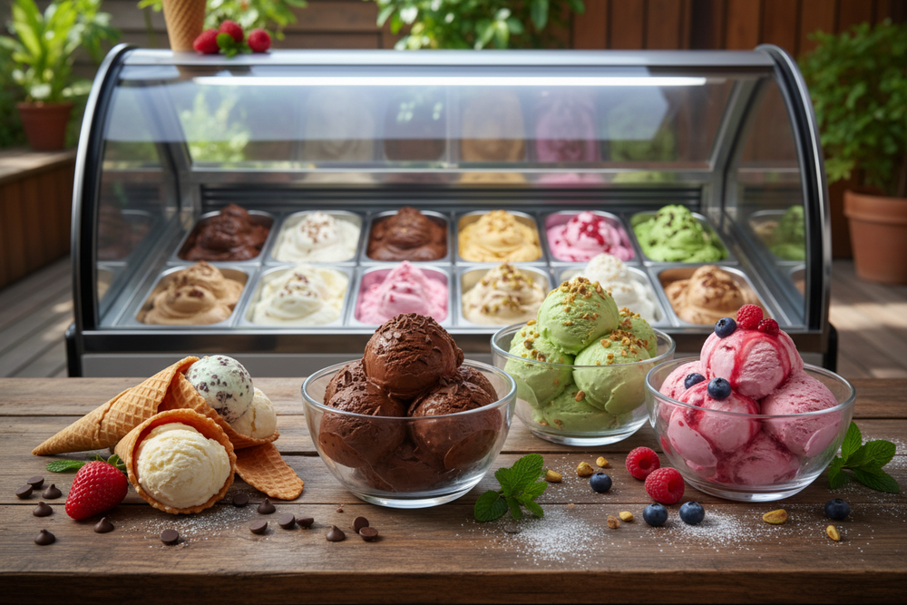 Different types of ice creams in one place lloking nice