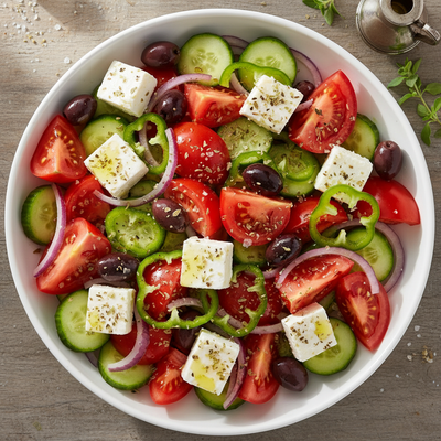 greek salad top view and square image