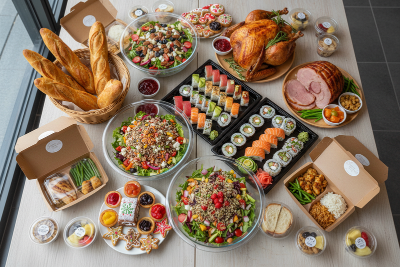 
Meeting food and day packs, Salad, Sushi, Christmas food, baguette in one place