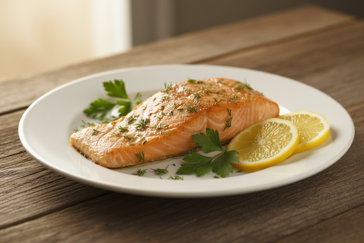 Ovnsbakt laks – kr 219,- (fersk laks med urter og sitron). gjør at det ser ikke som AI. r ealistic