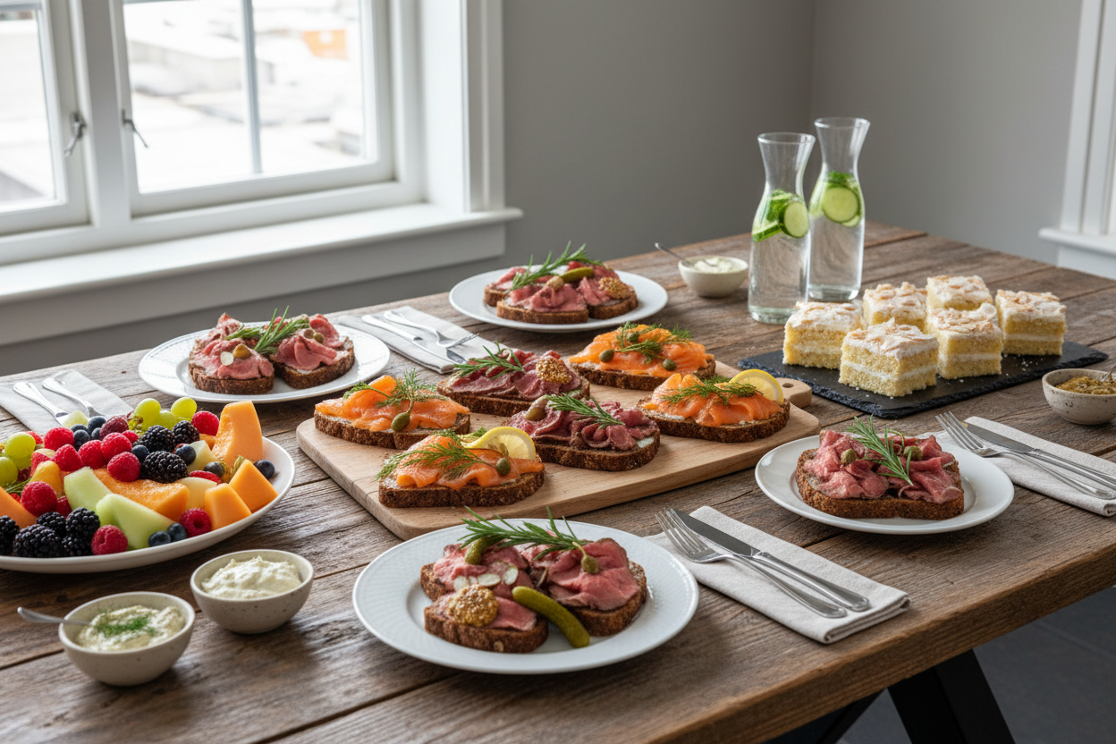 Smørbrød med roastbiff eller laks, fruktfat, kakebit. Litt mer luksus, ideell for kunder eller ansatte.